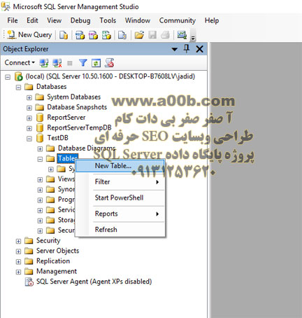 ایجاد جدول جدید در پایگاه داده sql server